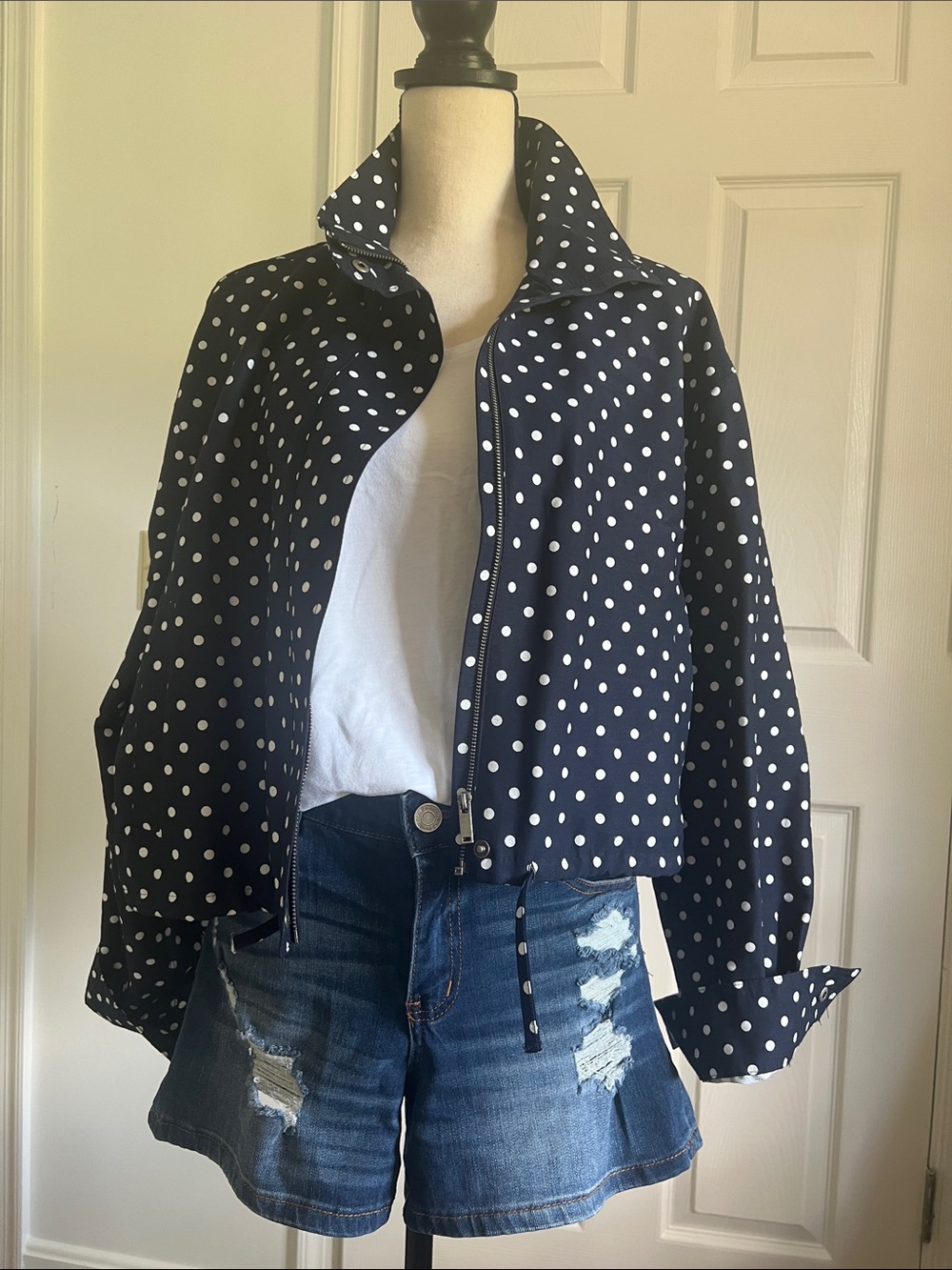 Zara Navy and White Polka Dot Cropped Bomber Jacket